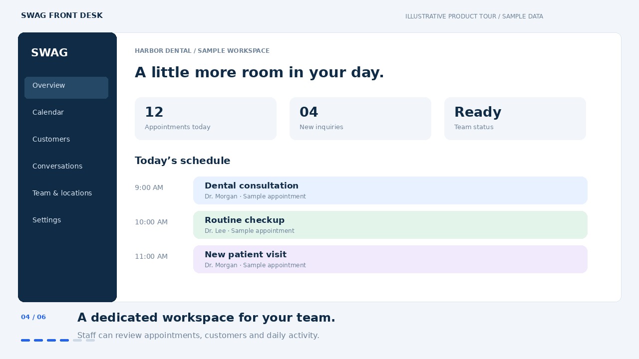 Illustrative staff workspace showing a provider calendar and appointment review