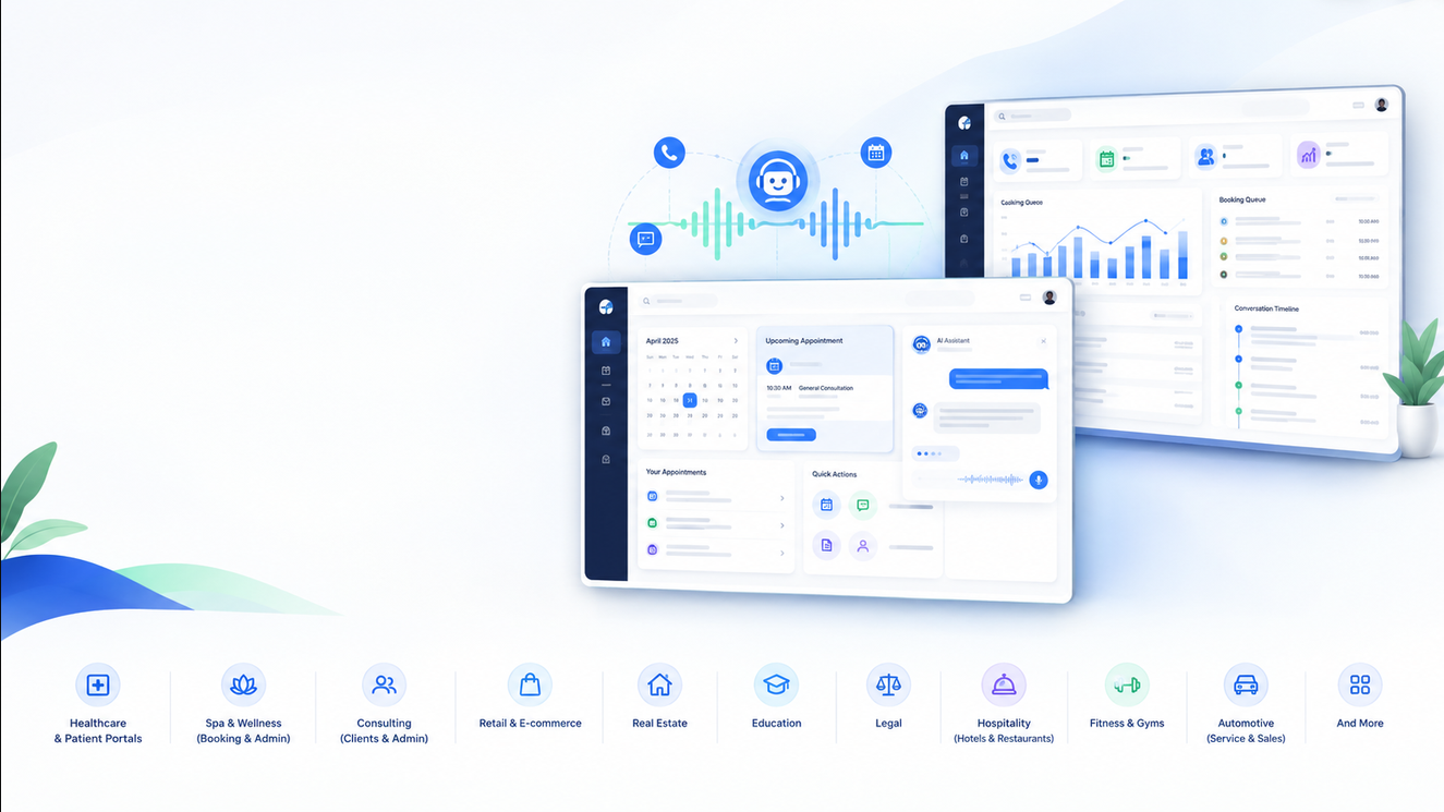 Concept illustration of connected customer and admin portals, an AI assistant, and a blue and mint audio waveform