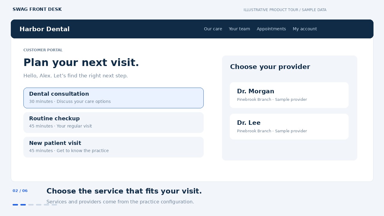 Illustrative customer portal showing service selection and available appointment times